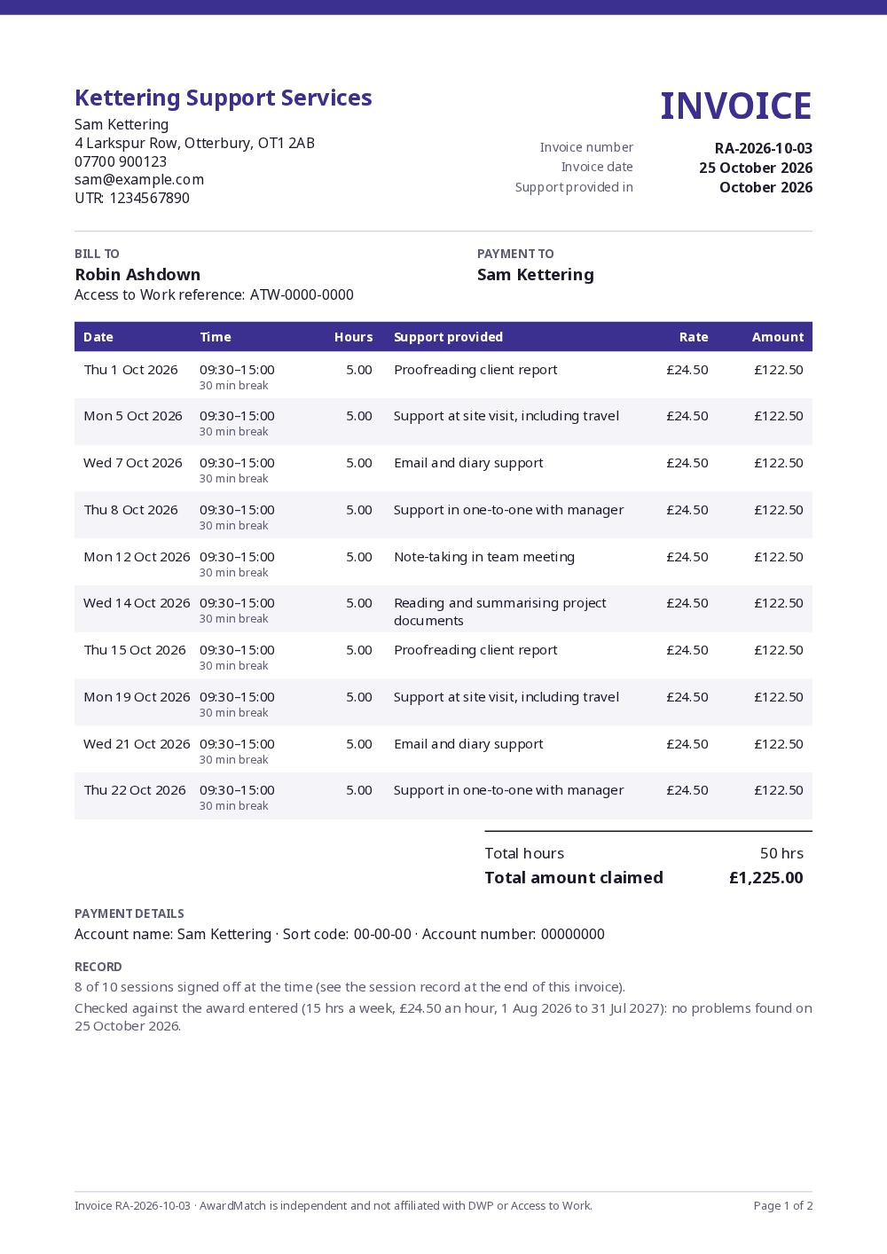 Sample invoice PDF: support worker details and UTR, a table of sessions with hours and amounts, totals and payment details